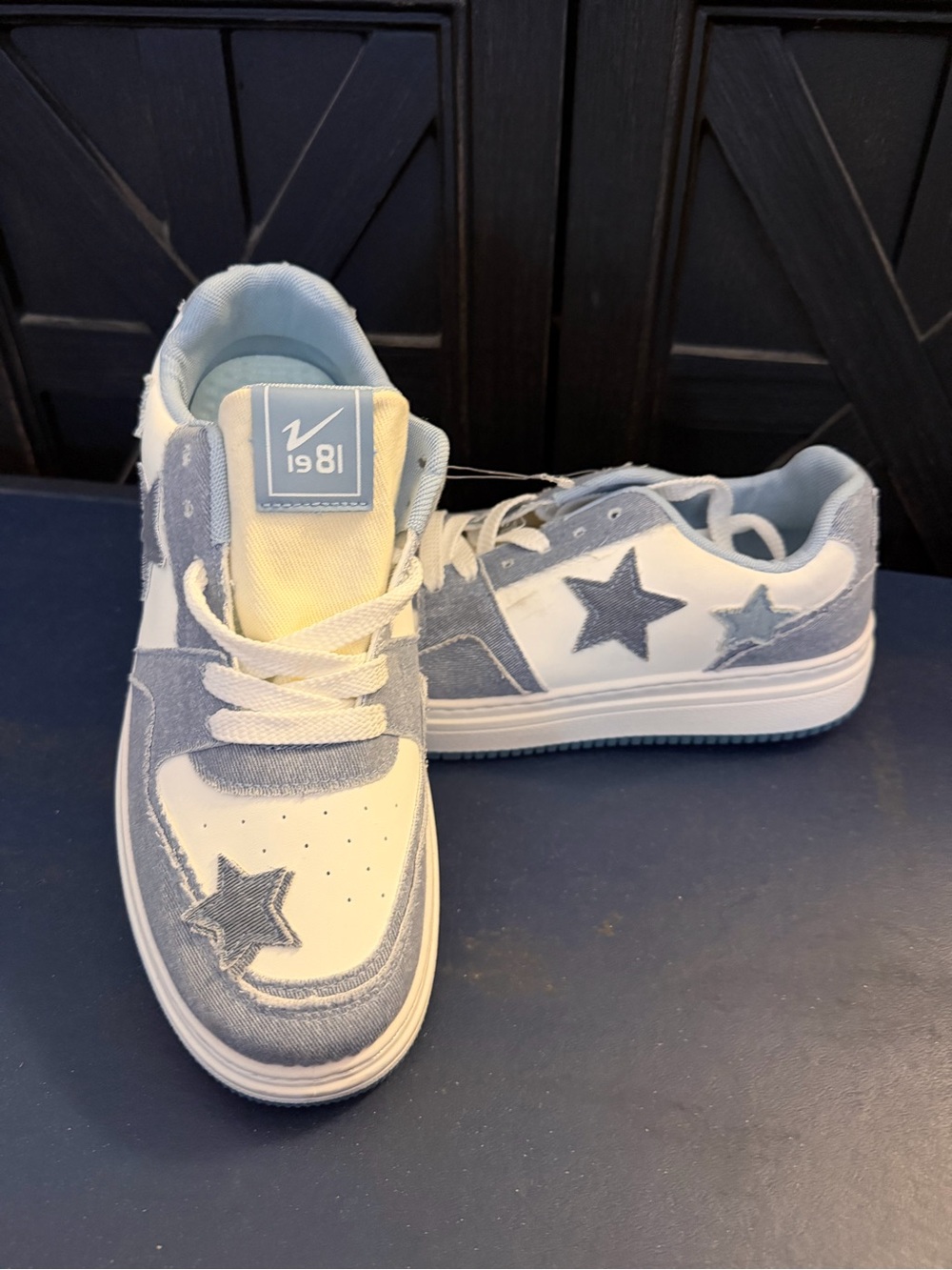 Heritage 1981 Blue Denim Star Sneakers Distressed White Low Top Shoes
